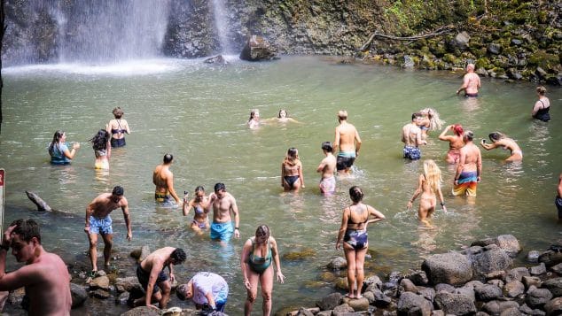 Visitors enjoying a refreshing swim beneath Secret Falls on Kauai, a highlight of the Kayak Adventures Kauai Wailua River tour.