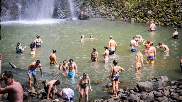 Visitors enjoying a refreshing swim beneath Secret Falls on Kauai, a highlight of the Kayak Adventures Kauai Wailua River tour.