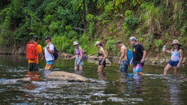 Kayak Adventures Kauai guests crossing a shallow stream on foot during the guided hike to Secret Falls along the Wailua River.