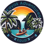Kayak Adventures Kauai circular logo featuring a couple kayaking towards a waterfall with palm trees on either side of them.