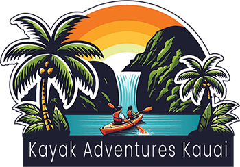 Kayak Adventures Kauai logo featuring a couple kayaking towards a waterfall with palm trees on either side of them.