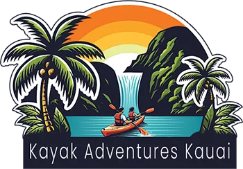 Kayak Adventures Kauai logo featuring a couple kayaking towards a waterfall with palm trees on either side of them.